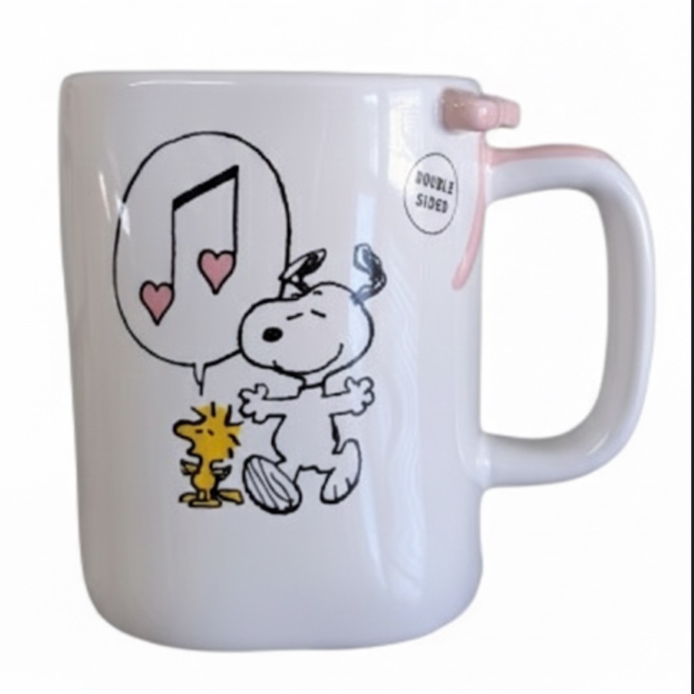 Rae Dunn Peanuts Snoopy Valentine Double-Sided Love Mug Pink Handle NWT